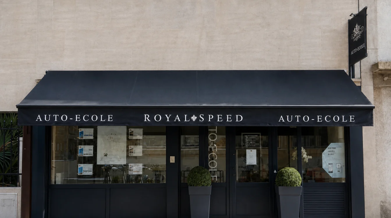 Devanture d'une auto-école Royal Speed, store noir siglé et enseigne en potence au-dessus des vitrines