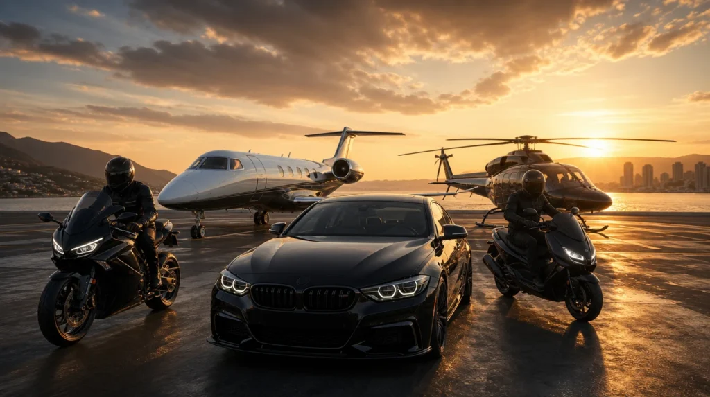 Berline, moto sportive, maxi-scooter, jet privé et hélicoptère alignés sur un tarmac au coucher du soleil