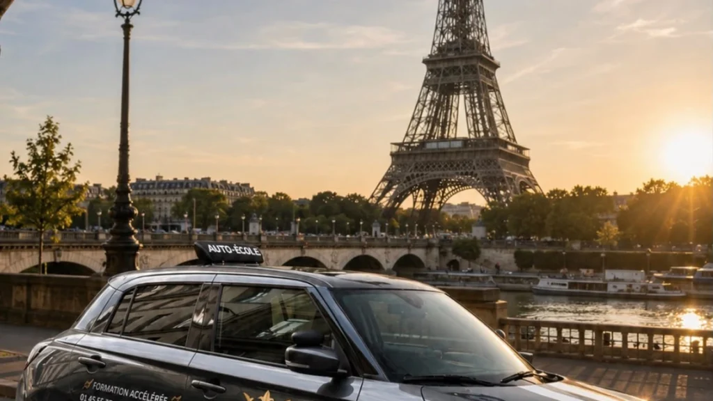 Voiture-école Royal Speed stationnée sur les quais de Seine face à la tour Eiffel au coucher du soleil