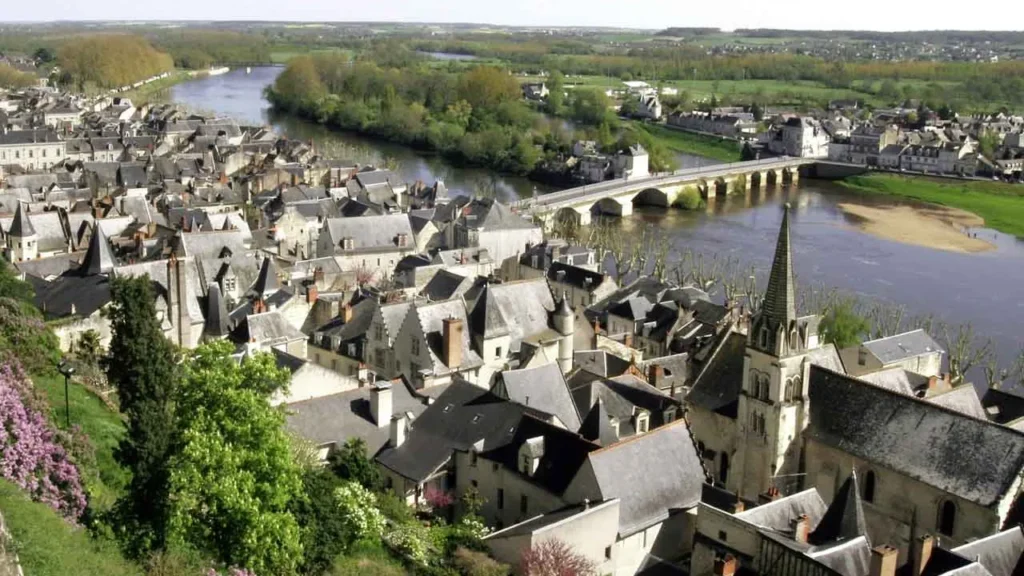 Toits d'ardoise de Chinon vus depuis la forteresse, la Vienne et son pont en arrière-plan