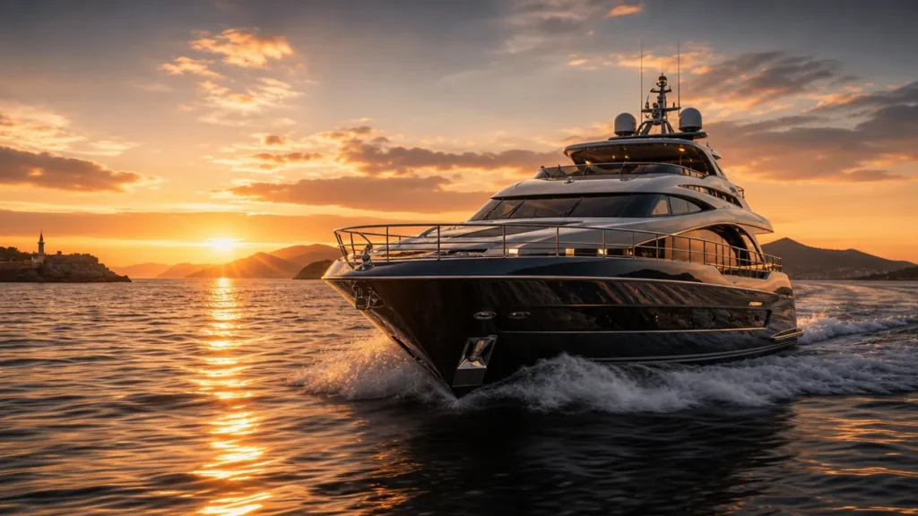 Grand yacht noir équipé de ses antennes et de son radar, en mer au coucher du soleil