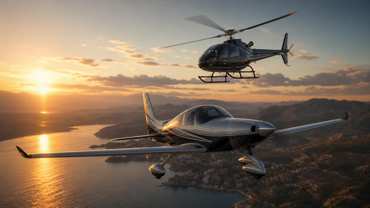 Avion léger et hélicoptère en vol au-dessus d'une côte au coucher du soleil