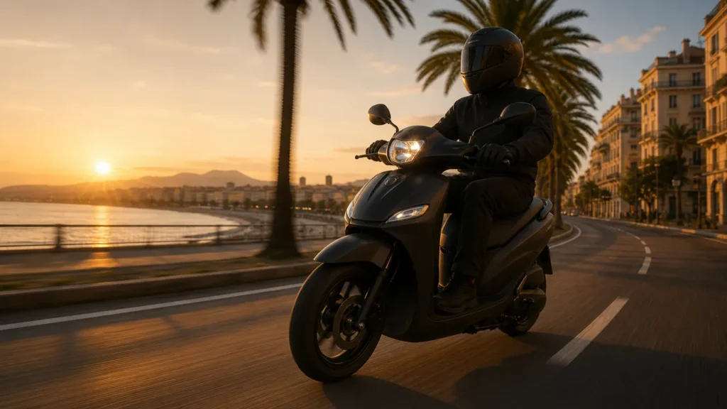 Scooter noir conduit par un pilote casqué sur un front de mer bordé de palmiers