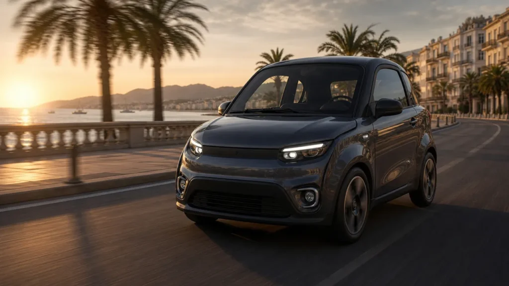 Voiturette sans permis grise, feux allumés, roulant sur une route au coucher du soleil