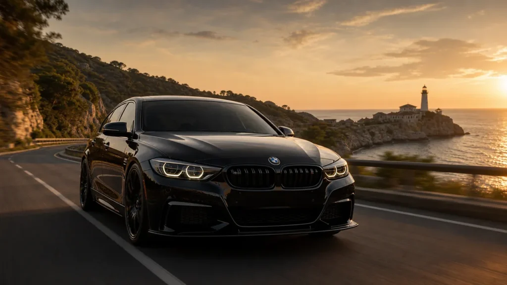 Berline noire sur une route côtière au soleil couchant, phare au loin