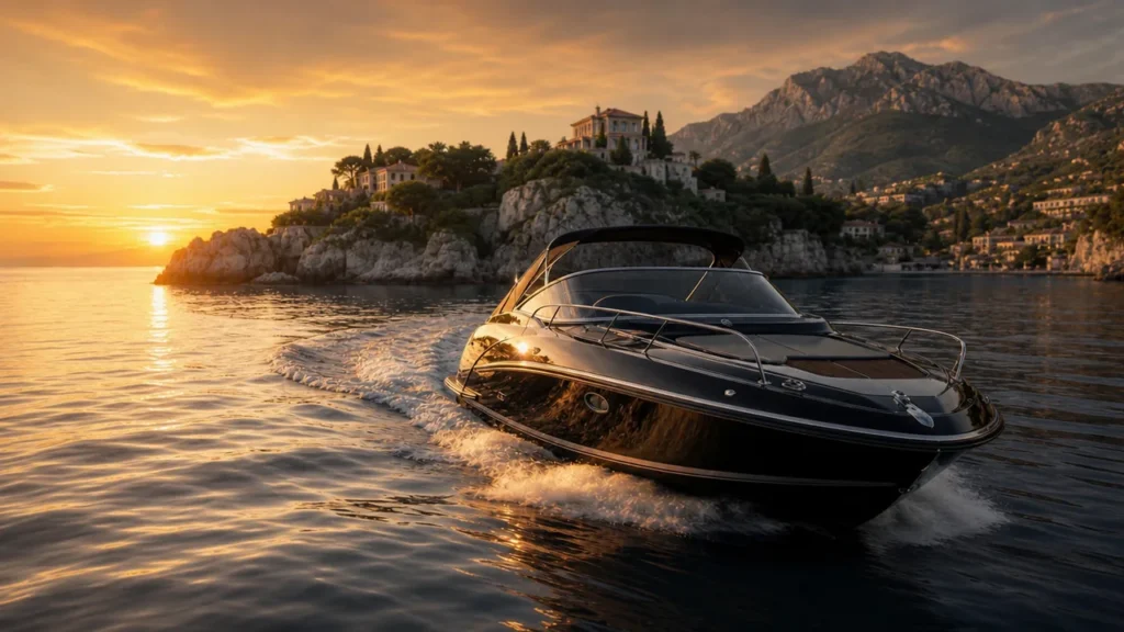 Bateau à moteur noir en navigation devant une côte rocheuse au coucher du soleil