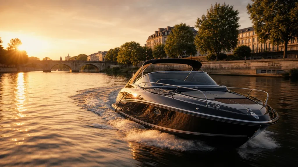 Vedette fluviale noire naviguant sur un fleuve bordé d'immeubles, lumière rasante