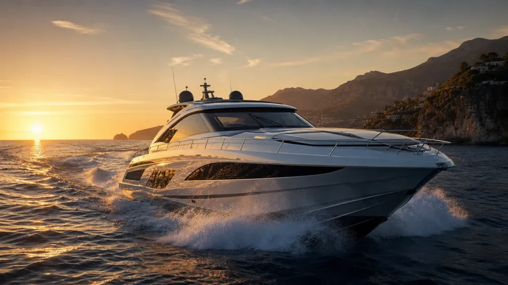 Yacht blanc fendant la houle au large d'une côte escarpée au soleil couchant