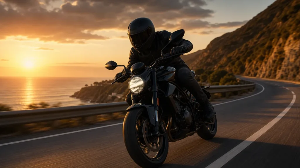 Moto roadster noire inclinée dans un virage de bord de mer au soleil couchant