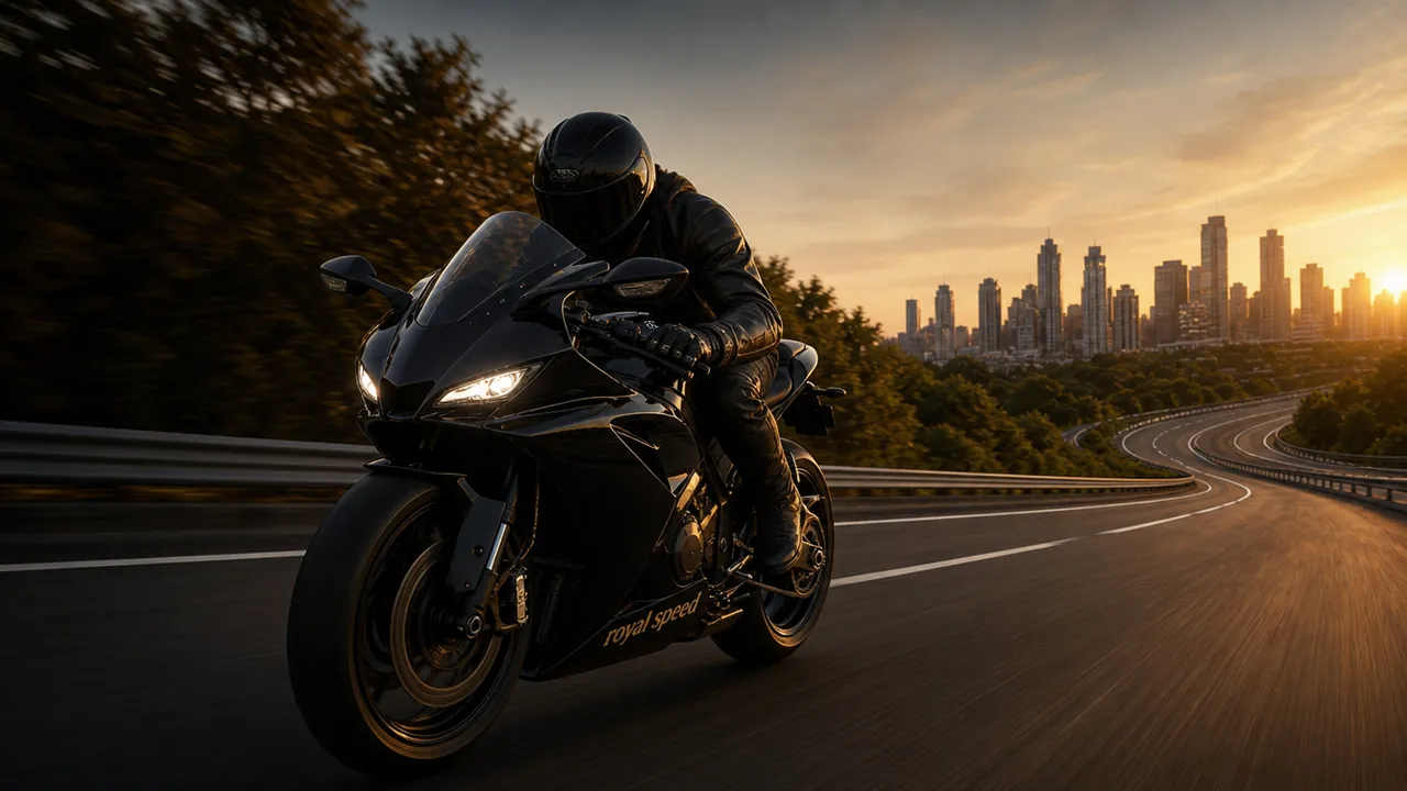 Moto sportive noire sur une voie rapide, silhouette urbaine au coucher du soleil, formation au permis moto A2 (manuelle)