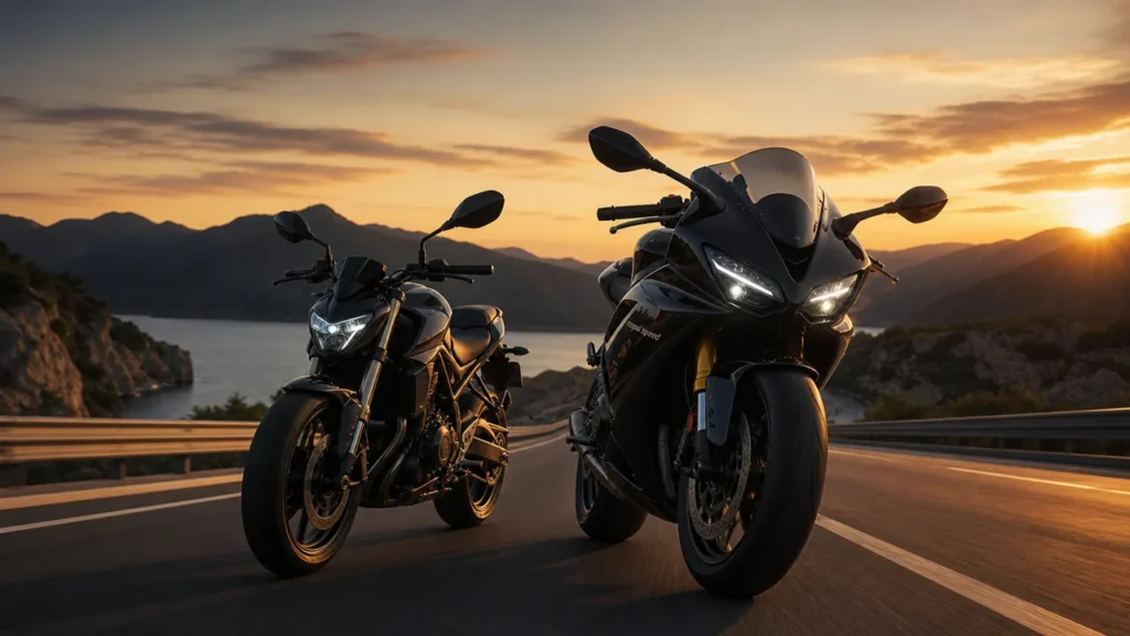 Deux motos noires côte à côte sur une route littorale au coucher du soleil, un roadster et une sportive carénée