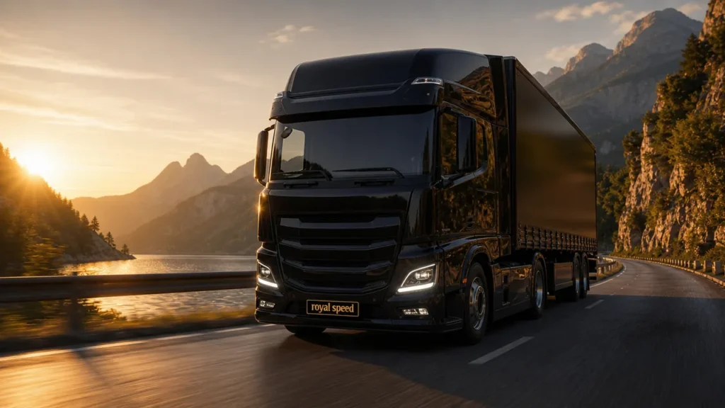 Camion semi-remorque noir sur une route de montagne au bord d'un lac au coucher du soleil