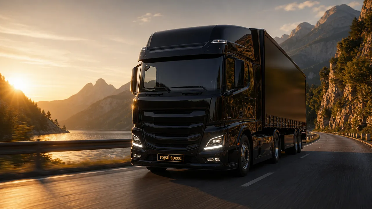 Camion semi-remorque noir sur une route de montagne au bord d'un lac au coucher du soleil
